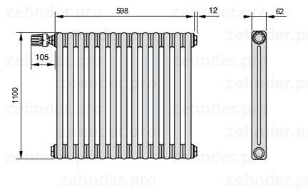 Схема (чертеж) Радиатор Zehnder Charleston 2110/13 №V012 Белый глянцевый RAL 9016